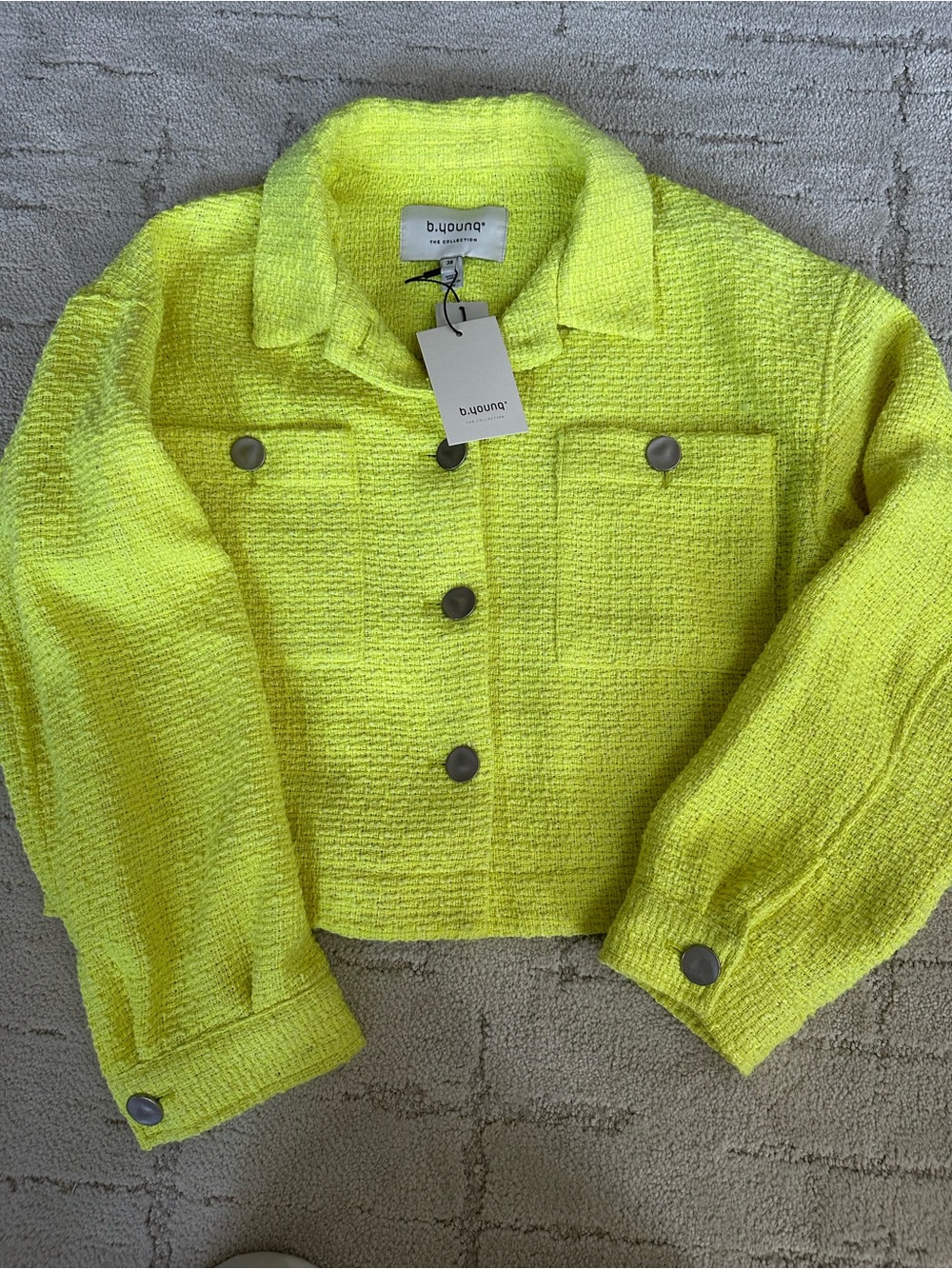 NWT Women’s Neon Yellow Bouclé Jacket Sz 38 with Silver Buttons